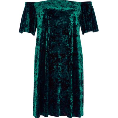 Green velvet bardot swing dress